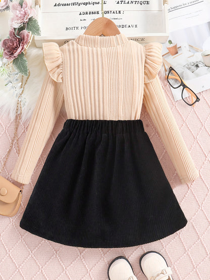 Ruffle Sleeve Ribbed Top & Buttoned Corduroy Skirt Set for Girls