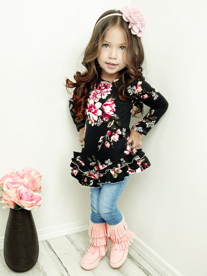 Girls' Floral Ruffle Hem Tunic & Faux Denim Leggings Set Wholesale