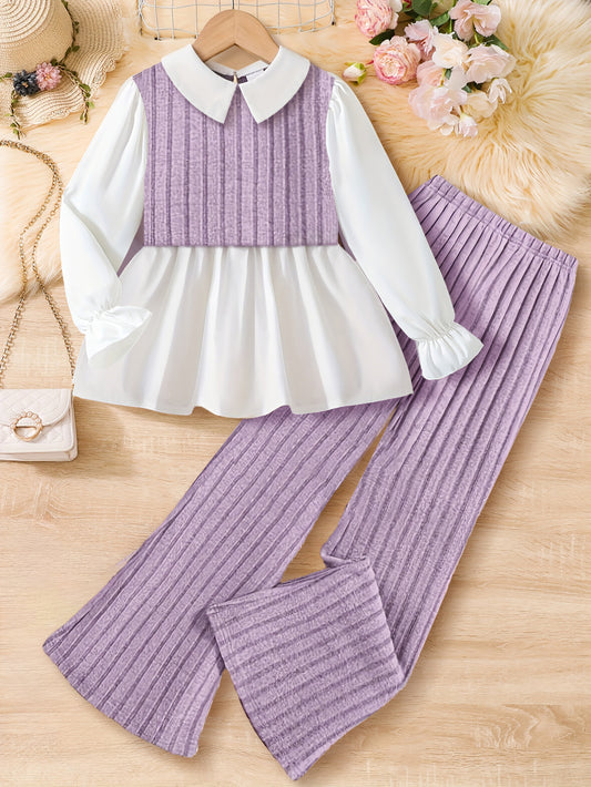 Lavender Ribbed Knit Peplum Top & Flared Pants Set for Girls