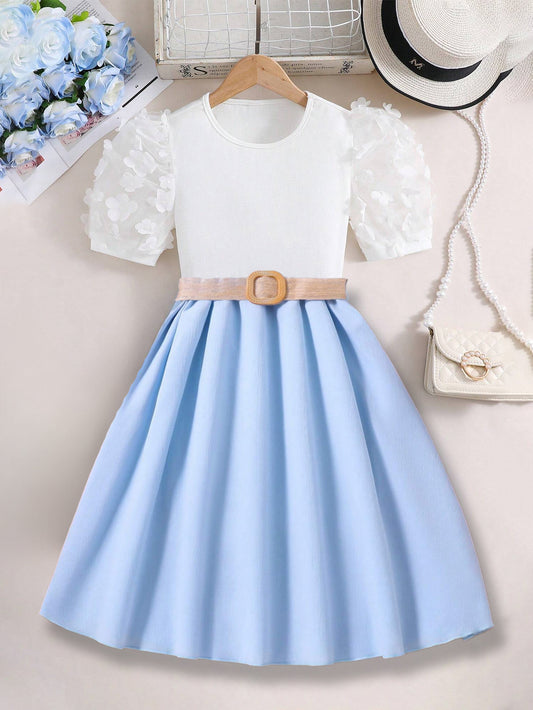 Girls' Elegant Floral Sleeve Belted Dress Wholesale