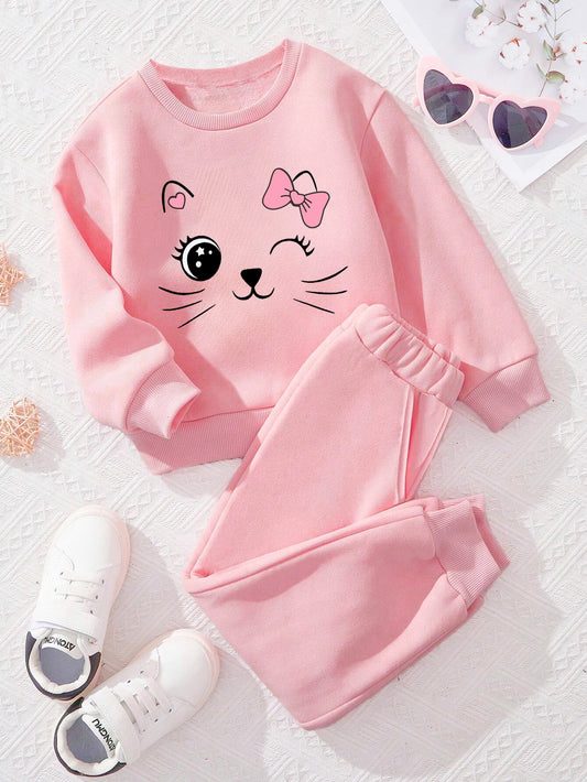 Adorable Pink Winking Cat Sweatshirt & Jogger Set for Girls Wholesale