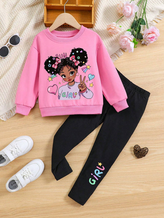 Girls' Pink Fun Girl Sweatshirt & Black Leggings Set Wholesale