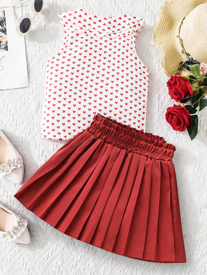 Girls' Pleated Skirt and Heart-Print Blouse Set Wholesale