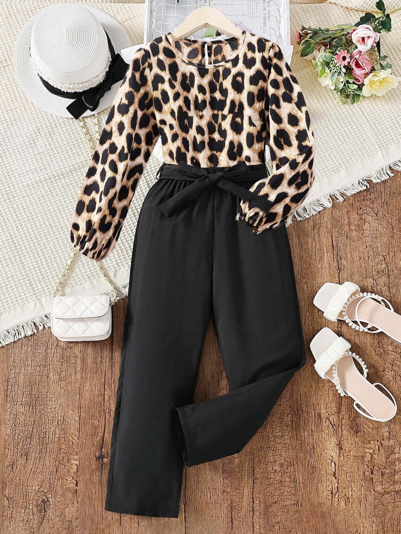 Girls' Leopard Print Puff Sleeve Top & Belted Pants Set Wholesale