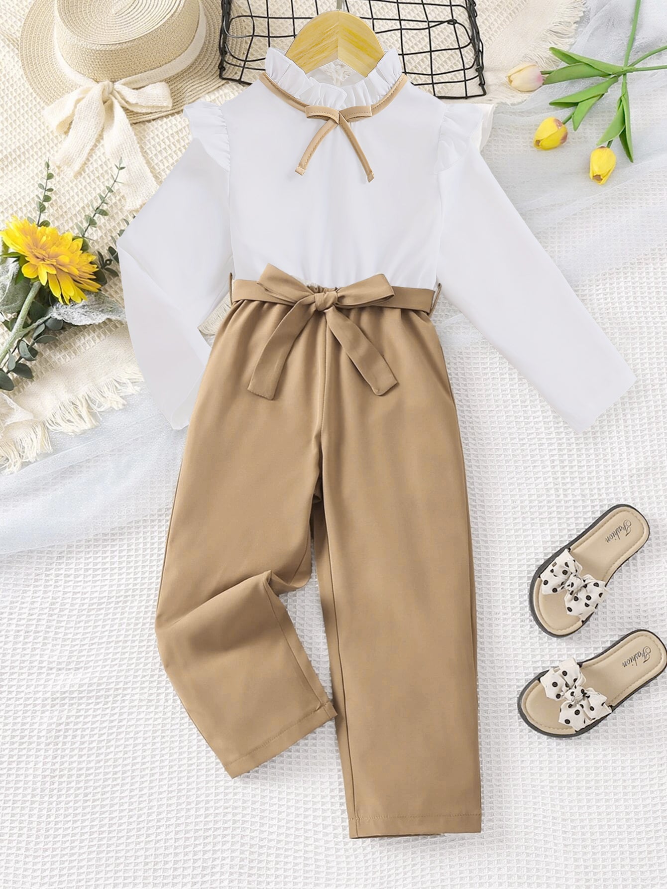 Girls' Elegant Ruffled Blouse & High-Waisted Bow Tie Pants Set Wholesale