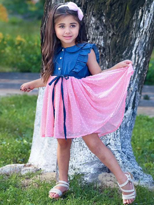 Girls' Faux Denim Ruffle Collar Dress Wholesale