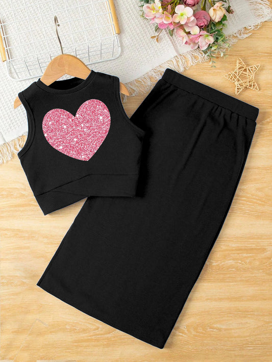 Girls' Glitter Heart Crop Top & Midi Skirt Set Wholesale