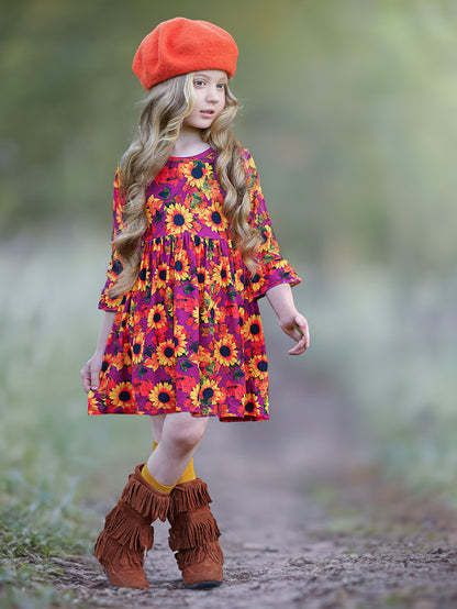 Girls' Sunflower Print Dress with Flared Sleeves Wholesale