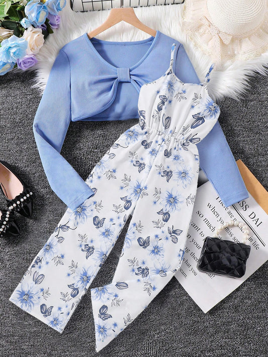 Wholesale Girls’ Blue Floral Jumpsuit with Bow-Knot Top Set