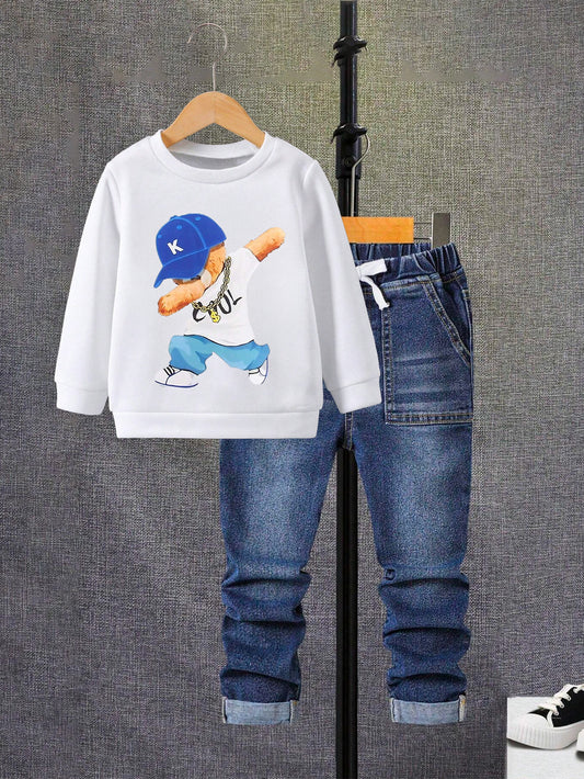 Cool Bear Sweatshirt & Denim Jeans Set for Boys Wholesale