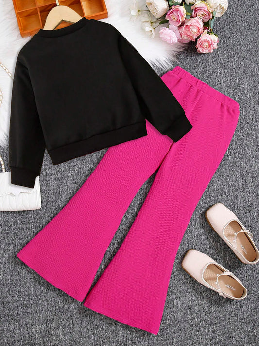 Girls' Black Sweatshirt & Hot Pink Flare Pants Set Wholesale