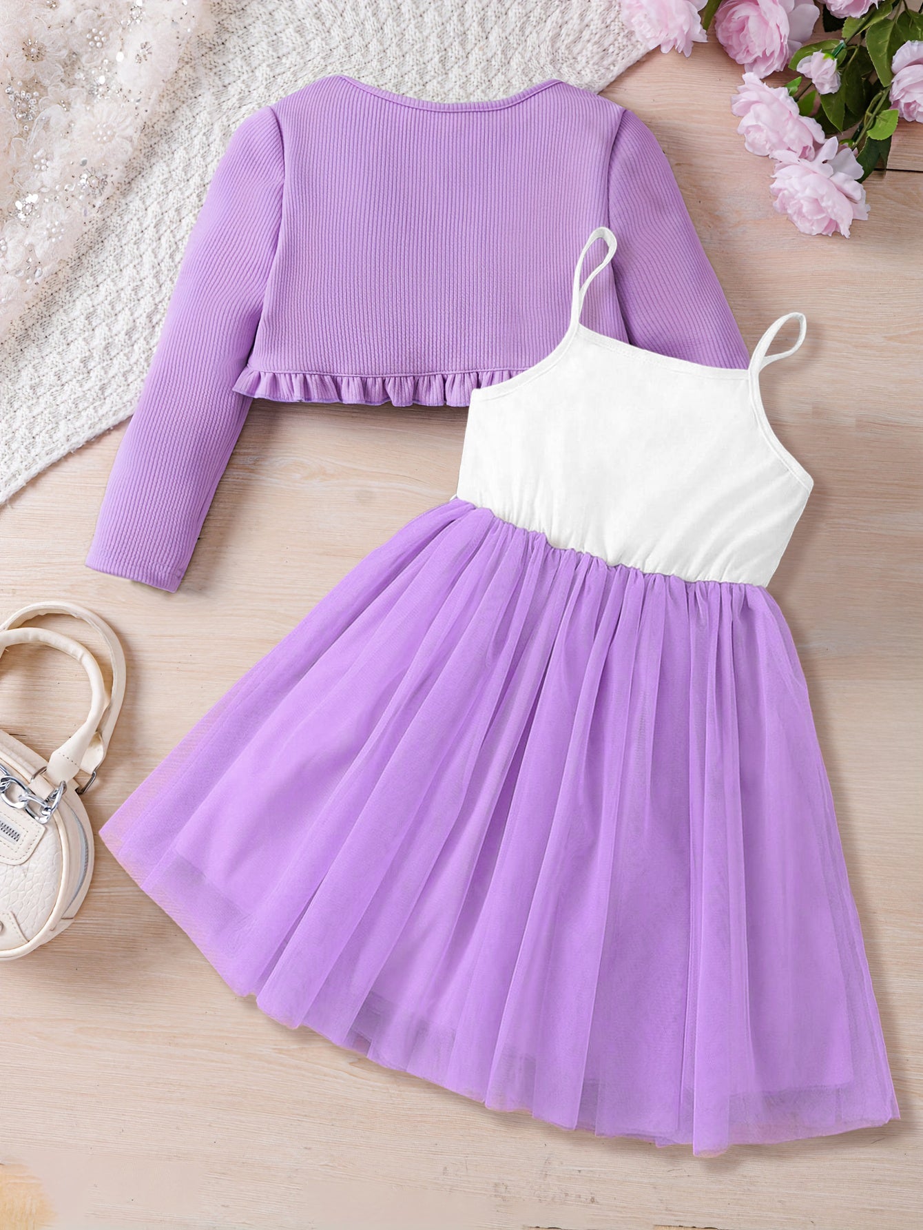 Lavender Floral Tulle Dress & Ruffle Cardigan Set for Girls