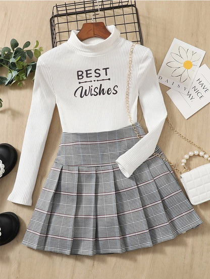 Girls' Long Sleeve "Best Wishes" Top and Plaid Pleated Skirt Set Wholesale