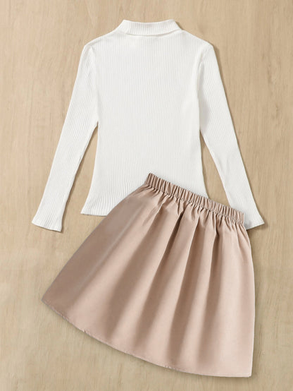 wholesale "Stylish Girls' Ribbed Turtleneck Top & Pleated Skirt Set