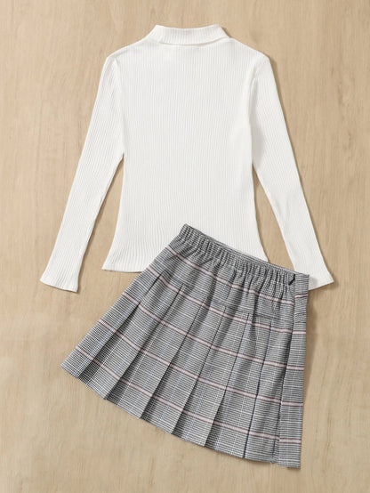 Girls' Long Sleeve "Best Wishes" Top and Plaid Pleated Skirt Set Wholesale