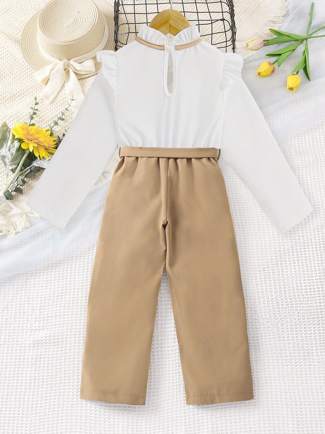 Girls' Elegant Ruffled Blouse & High-Waisted Bow Tie Pants Set Wholesale