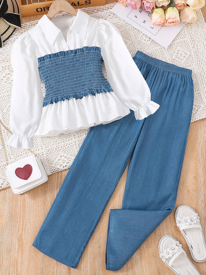 Girls' Smocked Peplum Top and Wide-Leg Denim Pants Set Wholesale