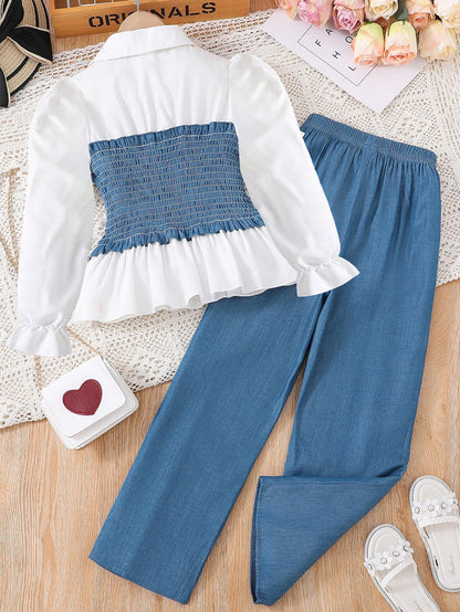 Girls' Smocked Peplum Top and Wide-Leg Denim Pants Set Wholesale