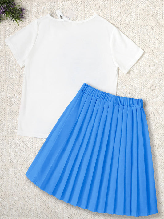 Girls' Classic Pleated Skirt with White Tee Outfit Set Wholesale