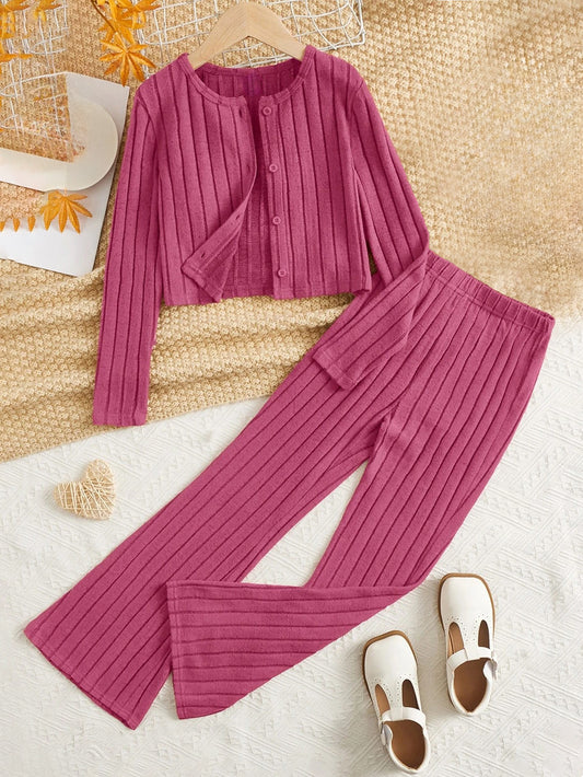 Wholesale Girls' Cozy Ribbed Knit Cardigan & bell bottoms pant Set