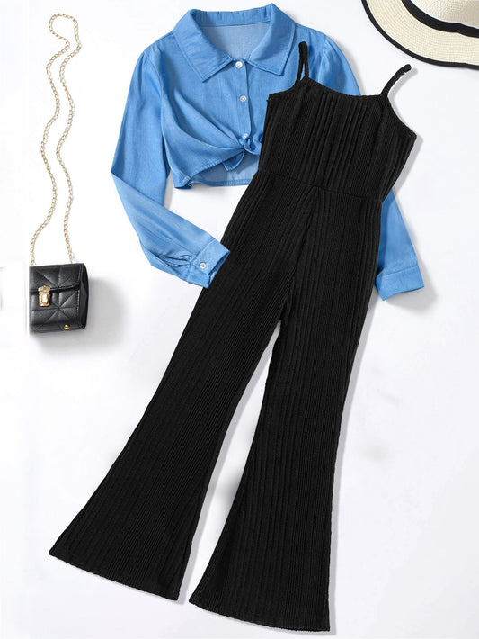 Girls' Blue Button-Up Shirt and Black Ribbed Jumpsuit Set Wholesale