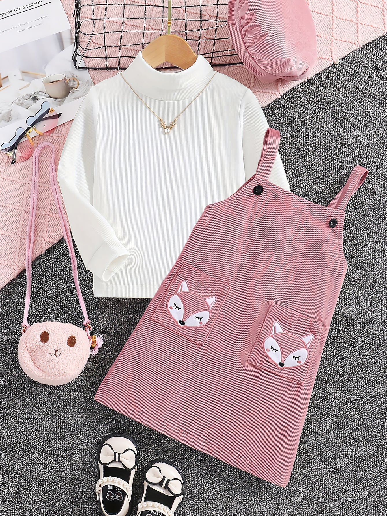 Girls’ Pink Fox Pinafore Dress Set Wholesale