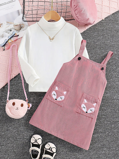 Girls’ Pink Fox Pinafore Dress Set Wholesale