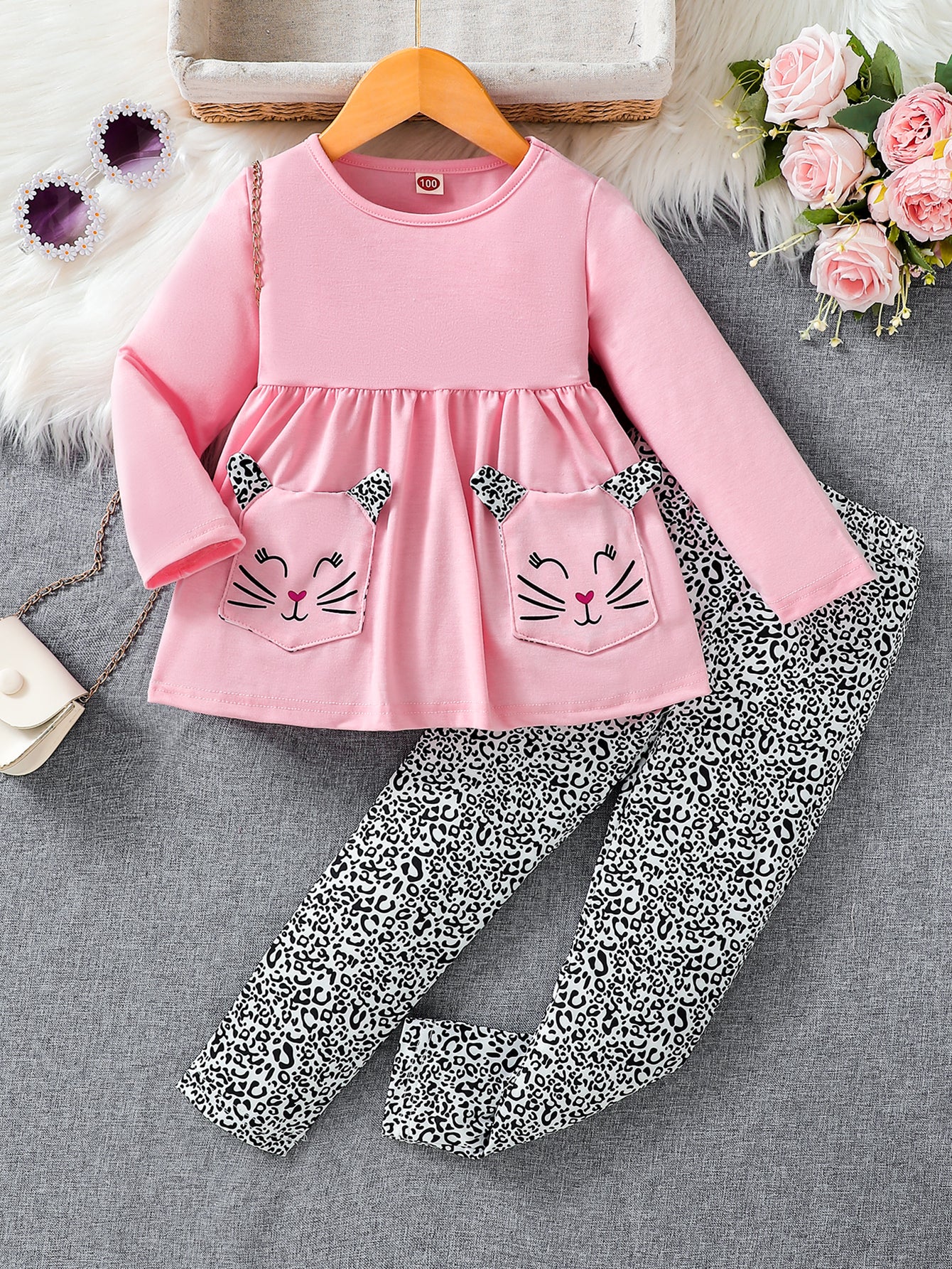 Girls' Pink Cat Tunic Top & Leopard Print Leggings Set Wholesale