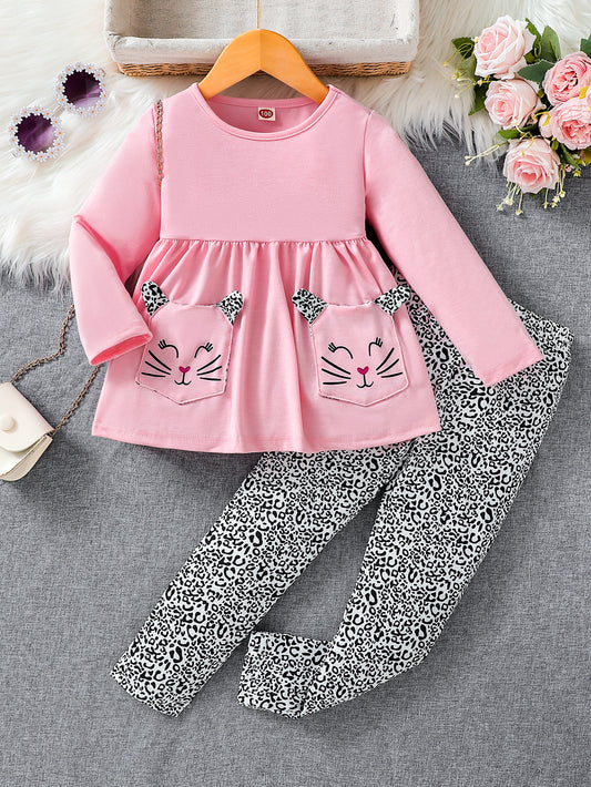 Girls' Pink Cat Tunic Top & Leopard Print Leggings Set Wholesale