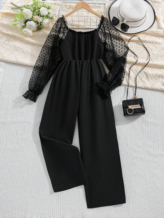 Girls' Black Wide-Leg Jumpsuit with Sheer Polka Dot Sleeves Wholesale