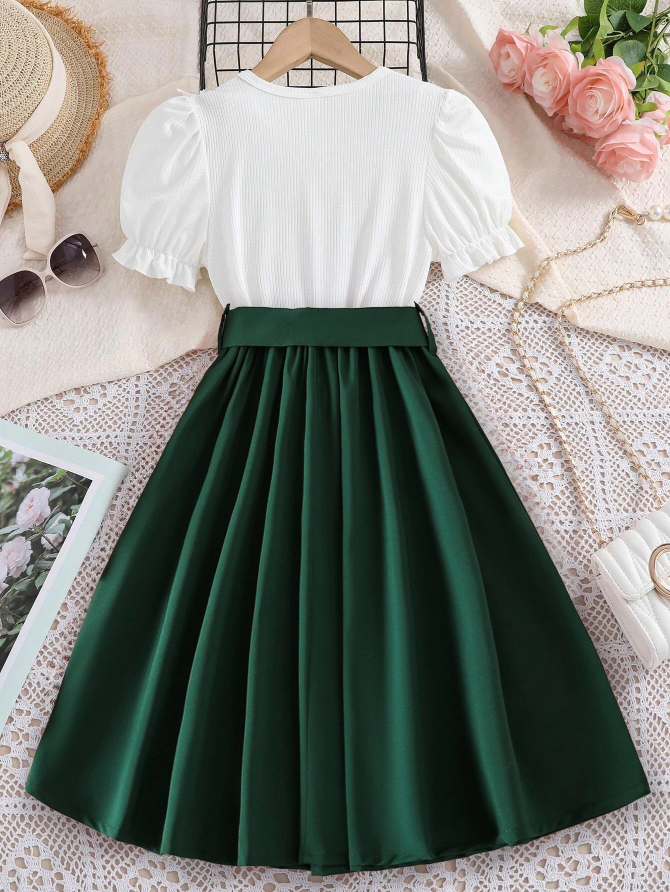 Girls' Elegant Embroidered Blouse and Pleated Green Skirt Set Wholesale