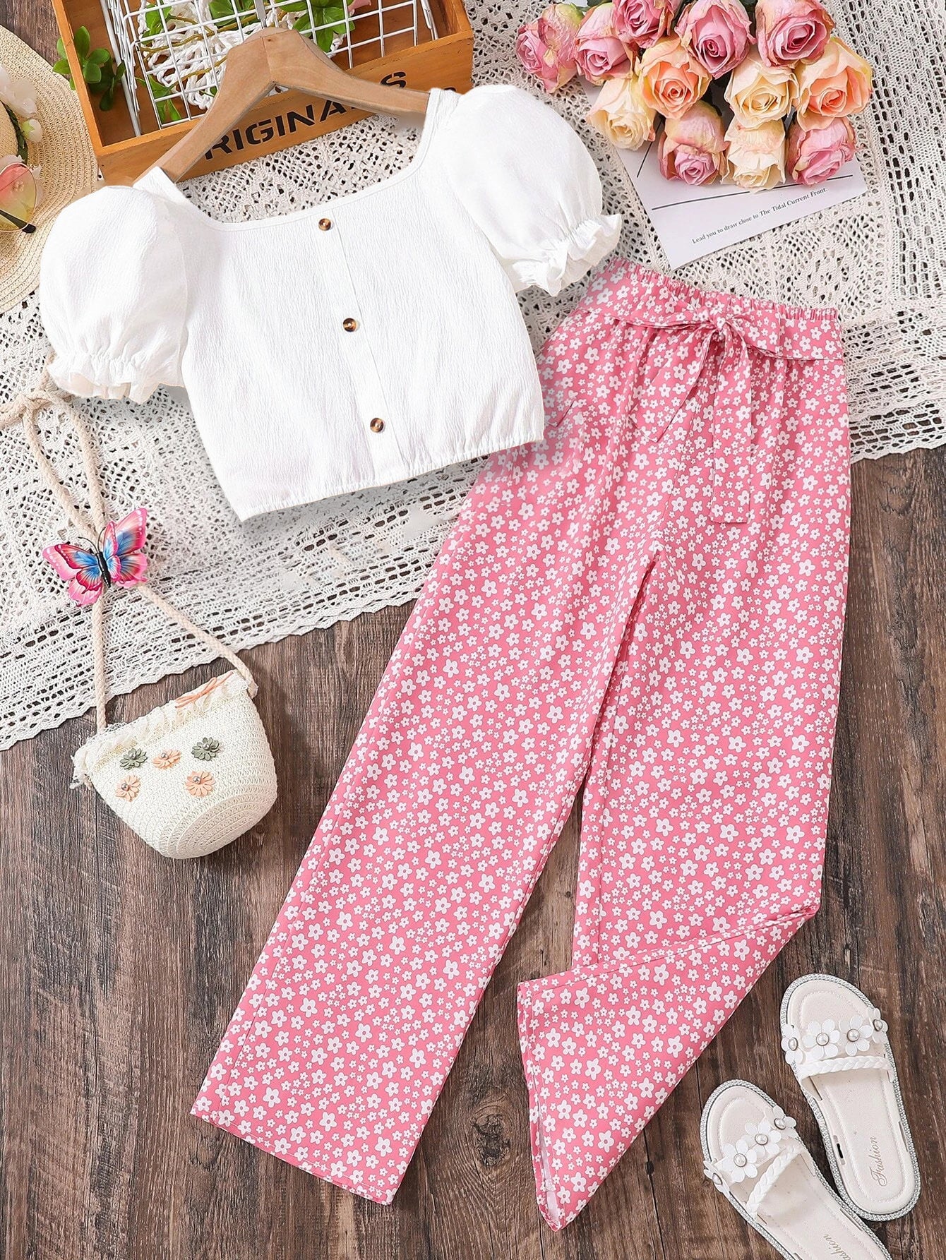 Girls' Puff Sleeve Crop Top and Pants Set Wholesale