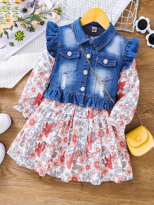 Girls' Faux Denim Vest and Floral Dress Set Wholesale