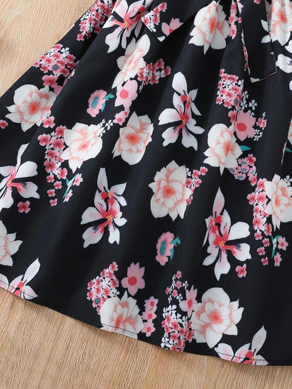 Girls' Black Floral Ruffle Sleeve Dress Wholesale