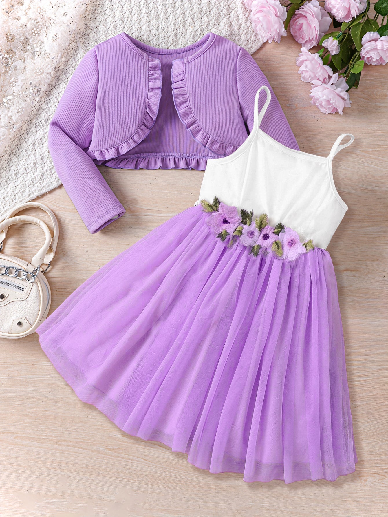 Lavender Floral Tulle Dress & Ruffle Cardigan Set for Girls