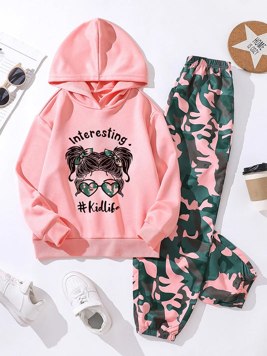 Wholesale Kids' Pink Hoodie and Camo Joggers Set