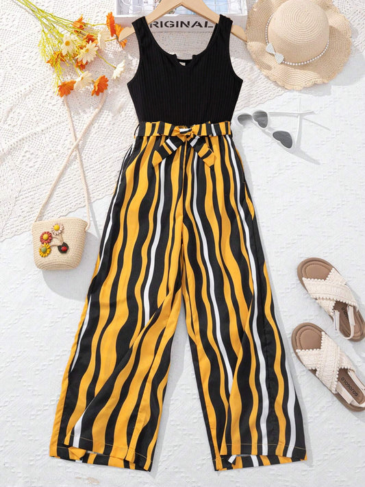 Girls' Sleeveless Top and Bold Stripe Wide-Leg Pants Set Wholesale