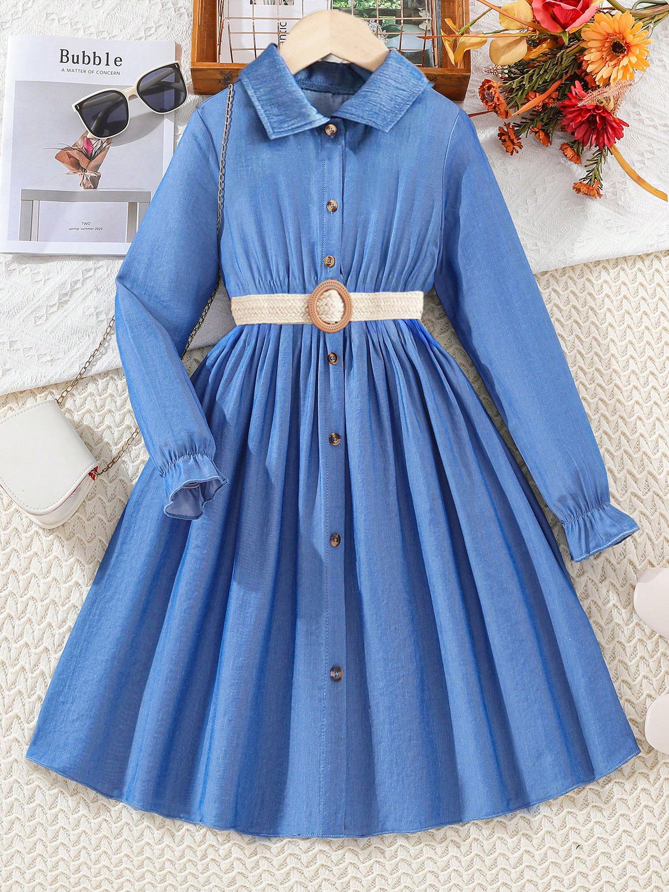 Girls' Long Sleeve Button-Down Denim Dress with Belt Wholesale