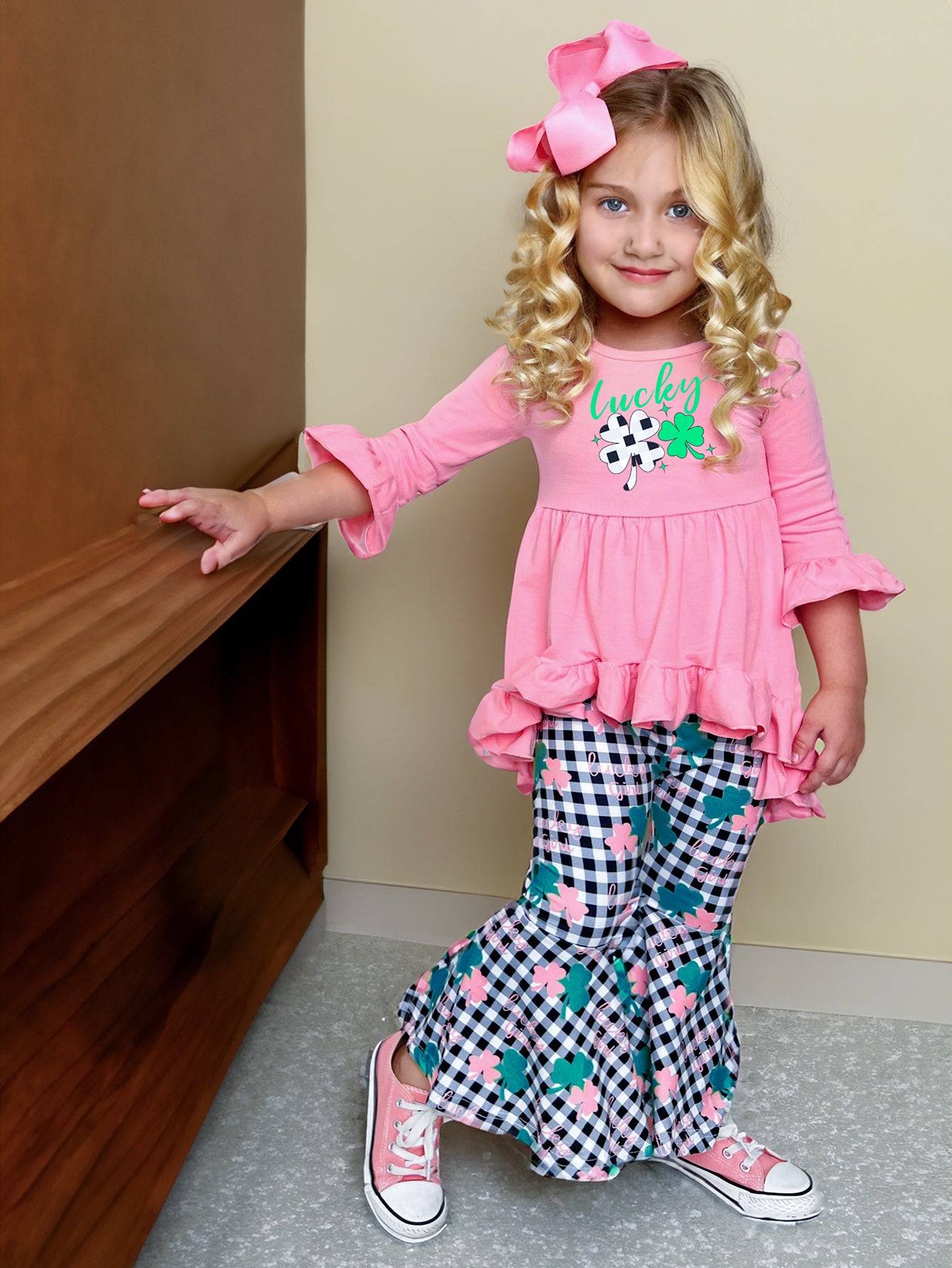 Girls' Lucky Clover Ruffle Tunic & Flared Pants Set Wholesale