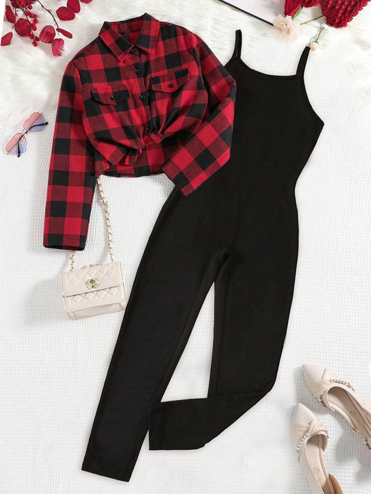 Wholesale Girls' Red Plaid  Shirt and Black Jumpsuit Set