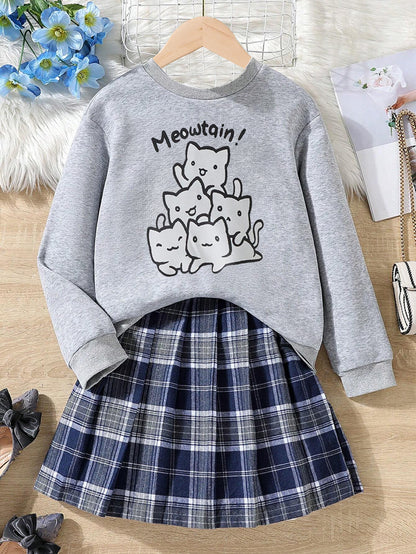 Wholesale Girls' Grey Sweatshirt and Plaid Skirt Set