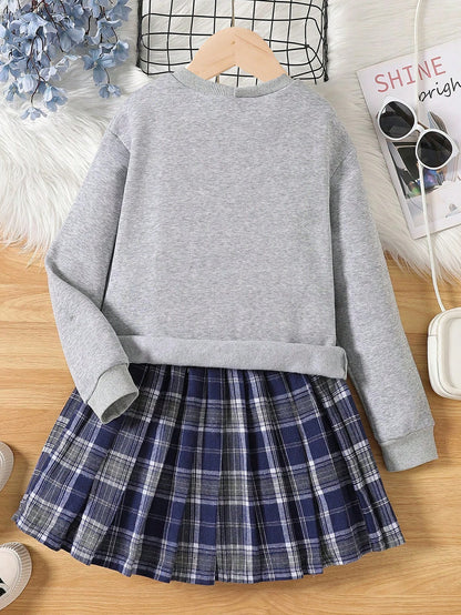 Wholesale Girls' Grey Sweatshirt and Plaid Skirt Set