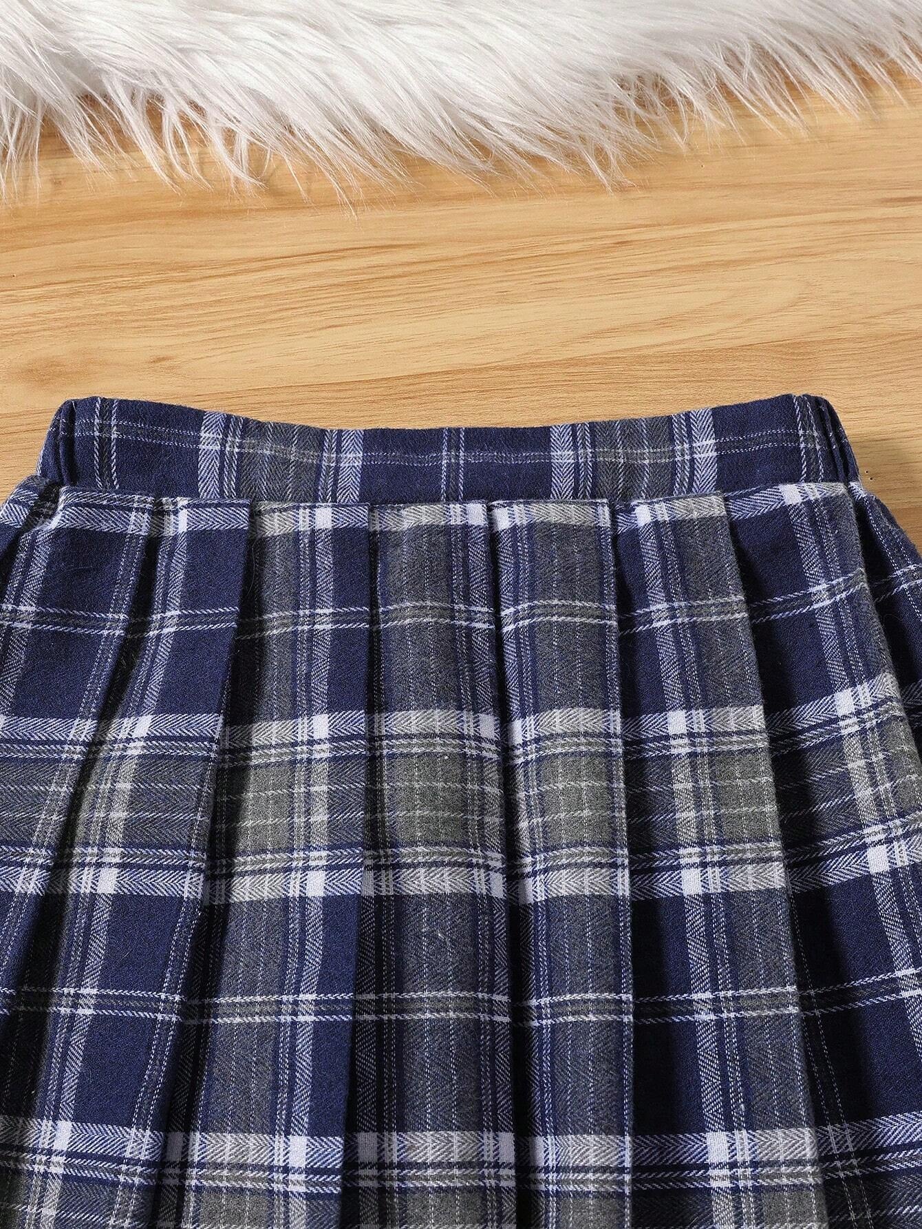 Wholesale Girls' Grey Sweatshirt and Plaid Skirt Set