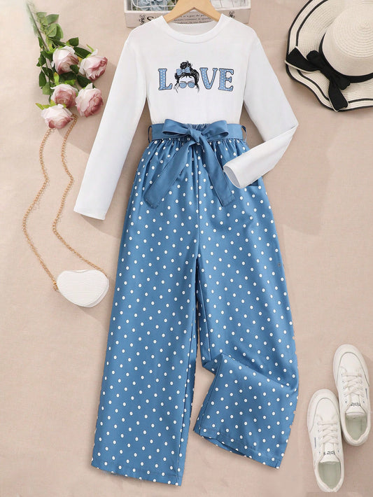 Girls' Ribbed Crewneck Top & Polka Dot Pants set Wholesale