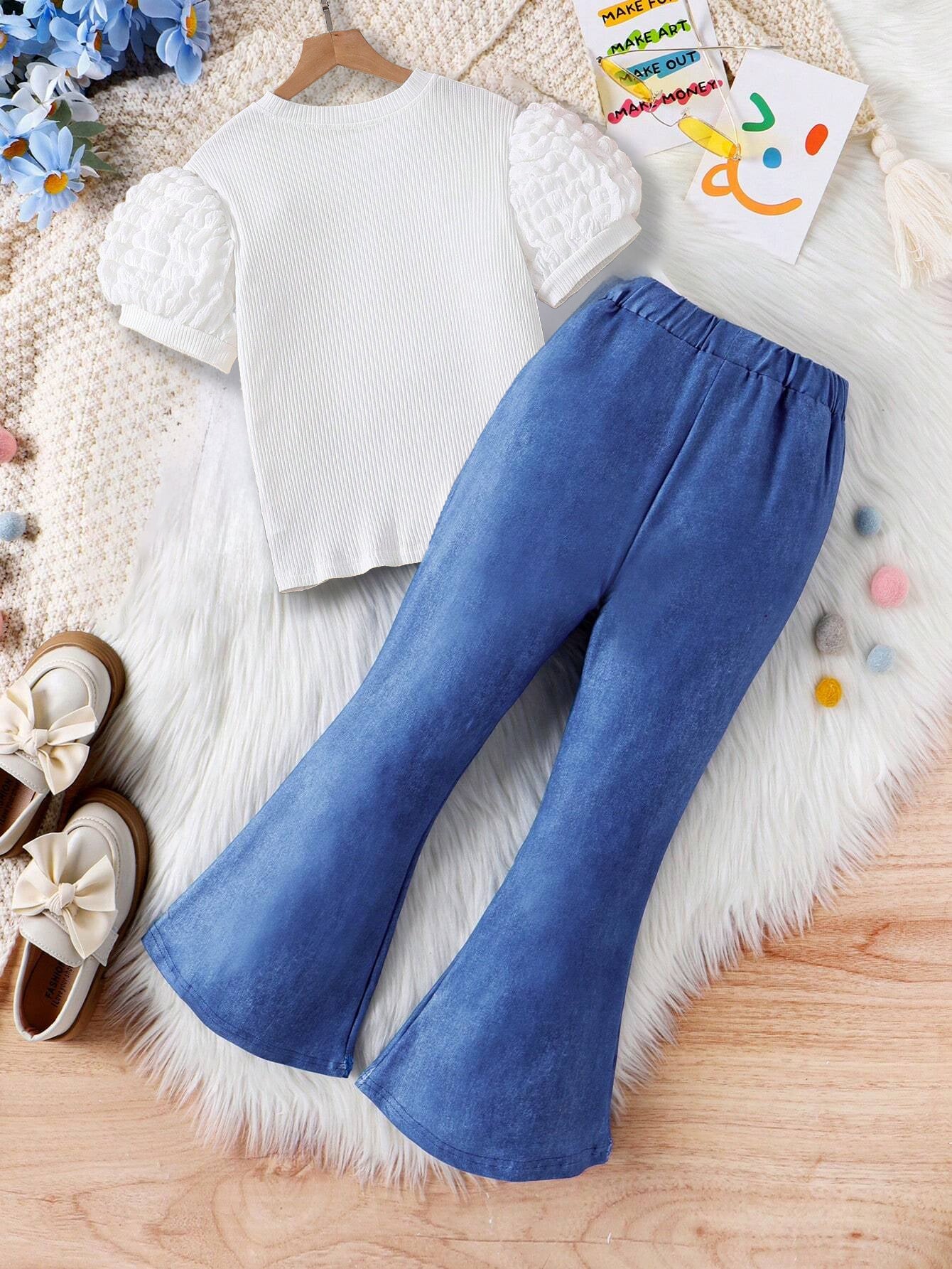 Girls' Puff Sleeve Top and Bow Flared Denim Pants Set Wholesale