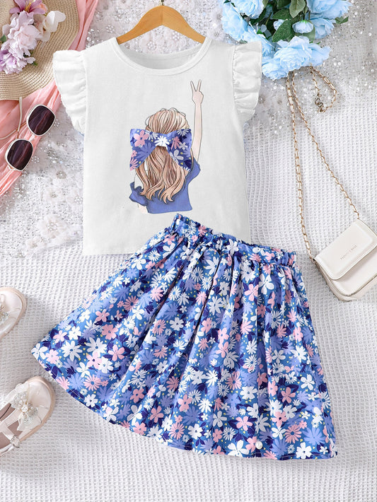 White Ruffle Sleeve Tee and Blue Floral Skirt Set