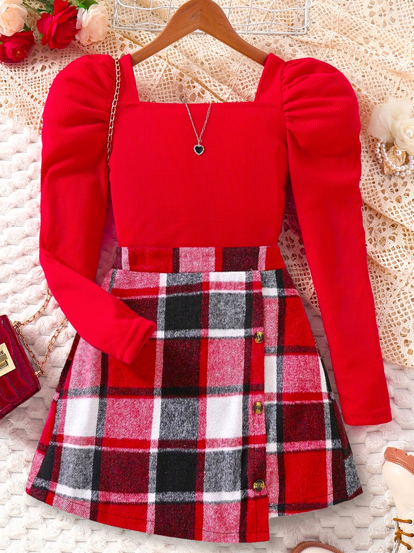 Stylish Girls' Red Puff Sleeve Top and Plaid Skirt Set