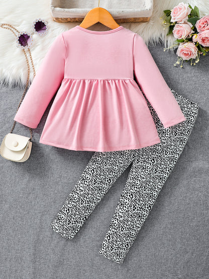 Girls' Pink Cat Tunic Top & Leopard Print Leggings Set Wholesale