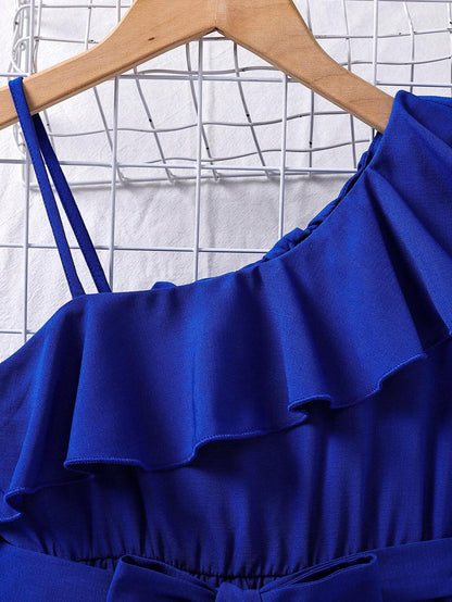 Royal Blue Rose One-Shoulder Ruffle Dress Wholesale