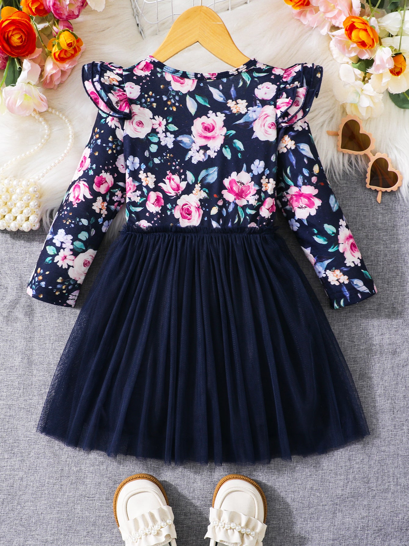 Girls' Floral Long-Sleeve Dress with Tulle Skirt Wholesale